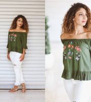 بلوزة off shoulder  - M - اخضر جيشي
