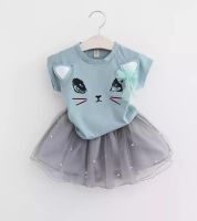 طقم بناتي مميز  - 2سنة - ازرق و سكني 