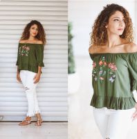 بلوزة off shoulder  - S - اخضر جيشي