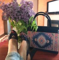 طقم صندل تطريز كعب مربع مع شنطة جلد تطريز - 38 Eu - كحلي داكن