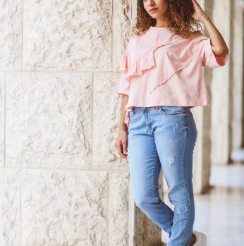 بلوزة نص كم - L - زهري فاتح 