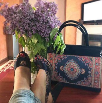 طقم صندل تطريز كعب مربع مع شنطة جلد تطريز - 38 Eu - كحلي داكن