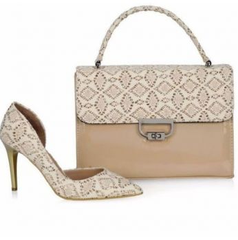 طقم شوز كعب مع شنطة  - 39 Eu - ذهبي وبيج