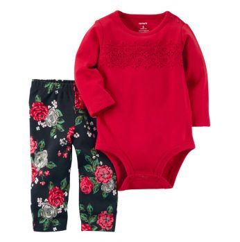 طقم بناتي  - 12 شهر - احمر مورد 