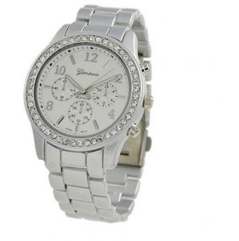 ساعة ماركة جينيڨا معدن مرصعة بالكريستال اللون فضي