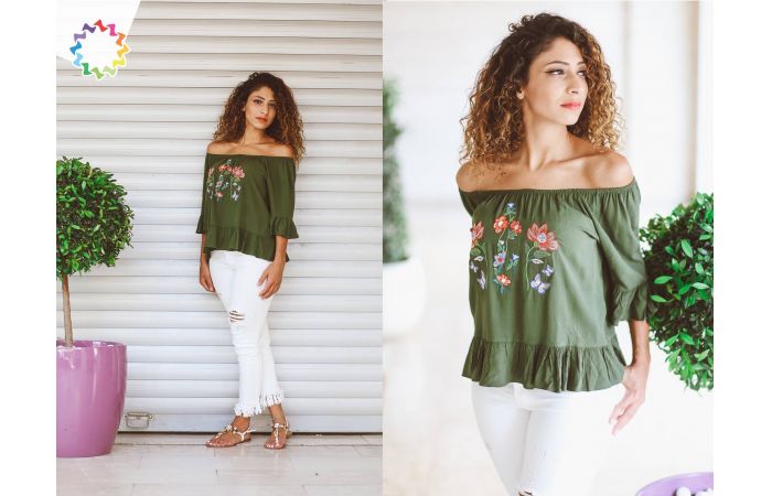 بلوزة off shoulder  - M - اخضر جيشي